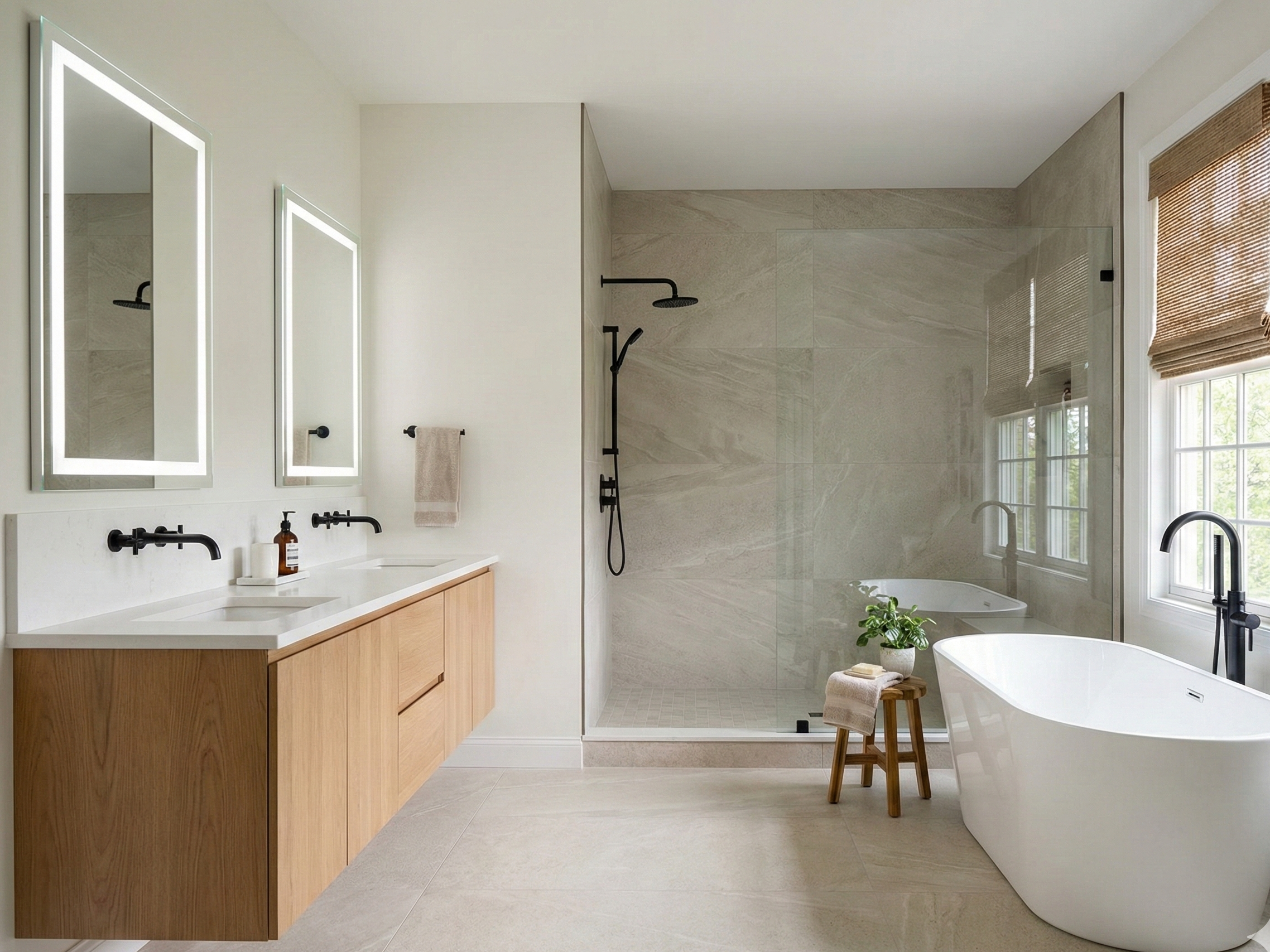 Modern bathroom with an oak vanity and a freestanding tub.