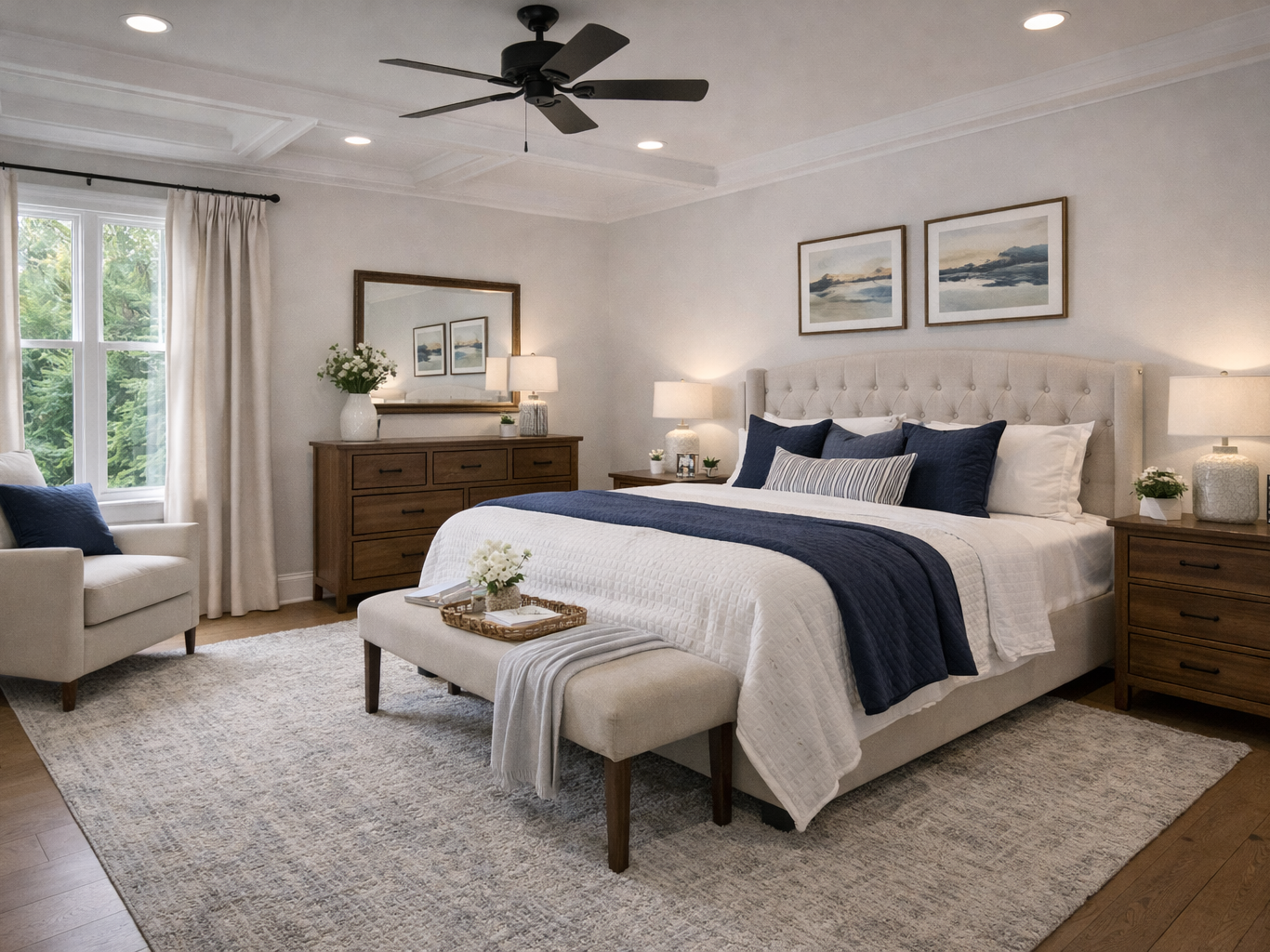 Serene bedroom with layered textiles and neutral finishes.
