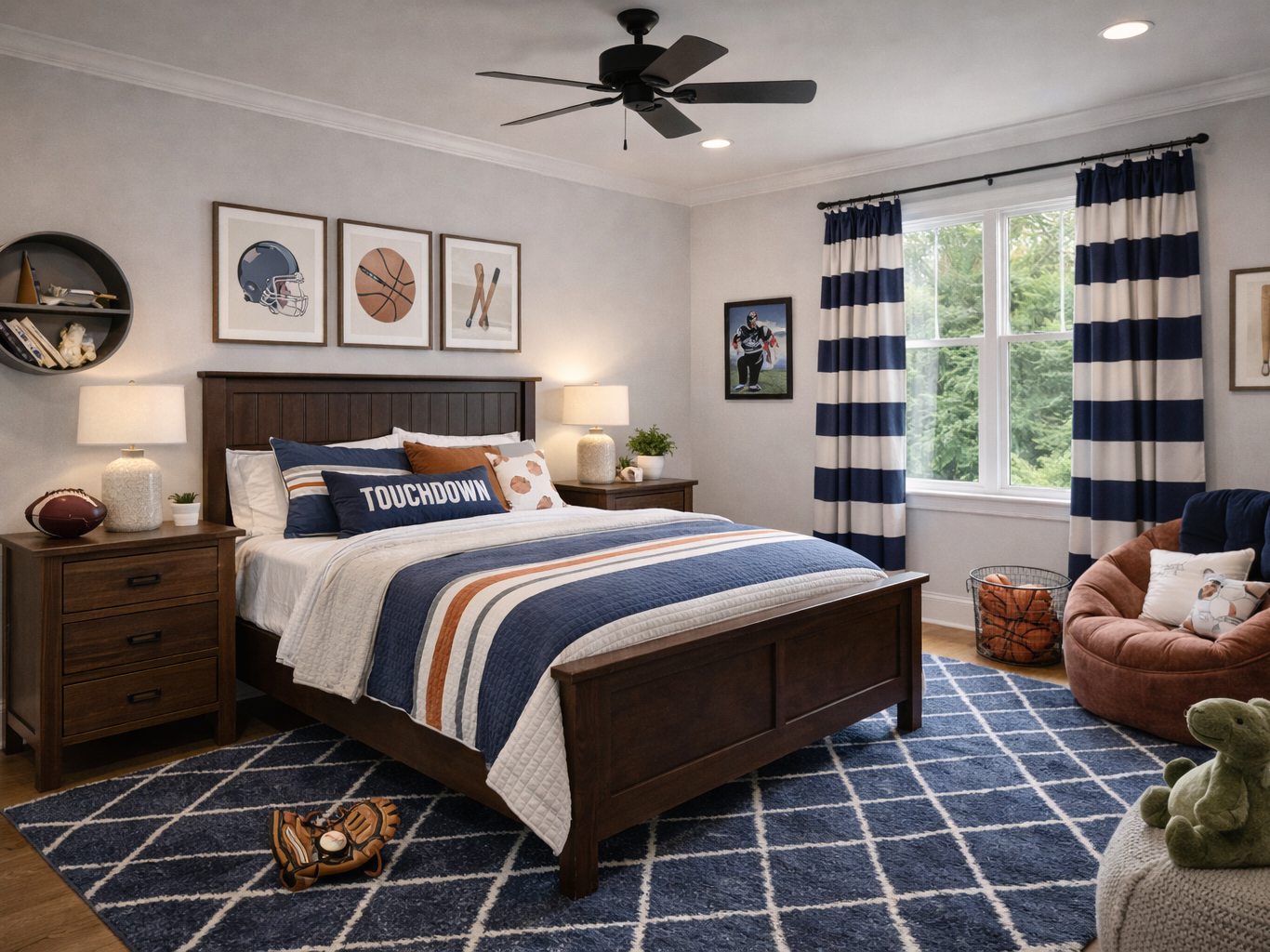 Sporty bedroom with cozy textiles and clean trim.