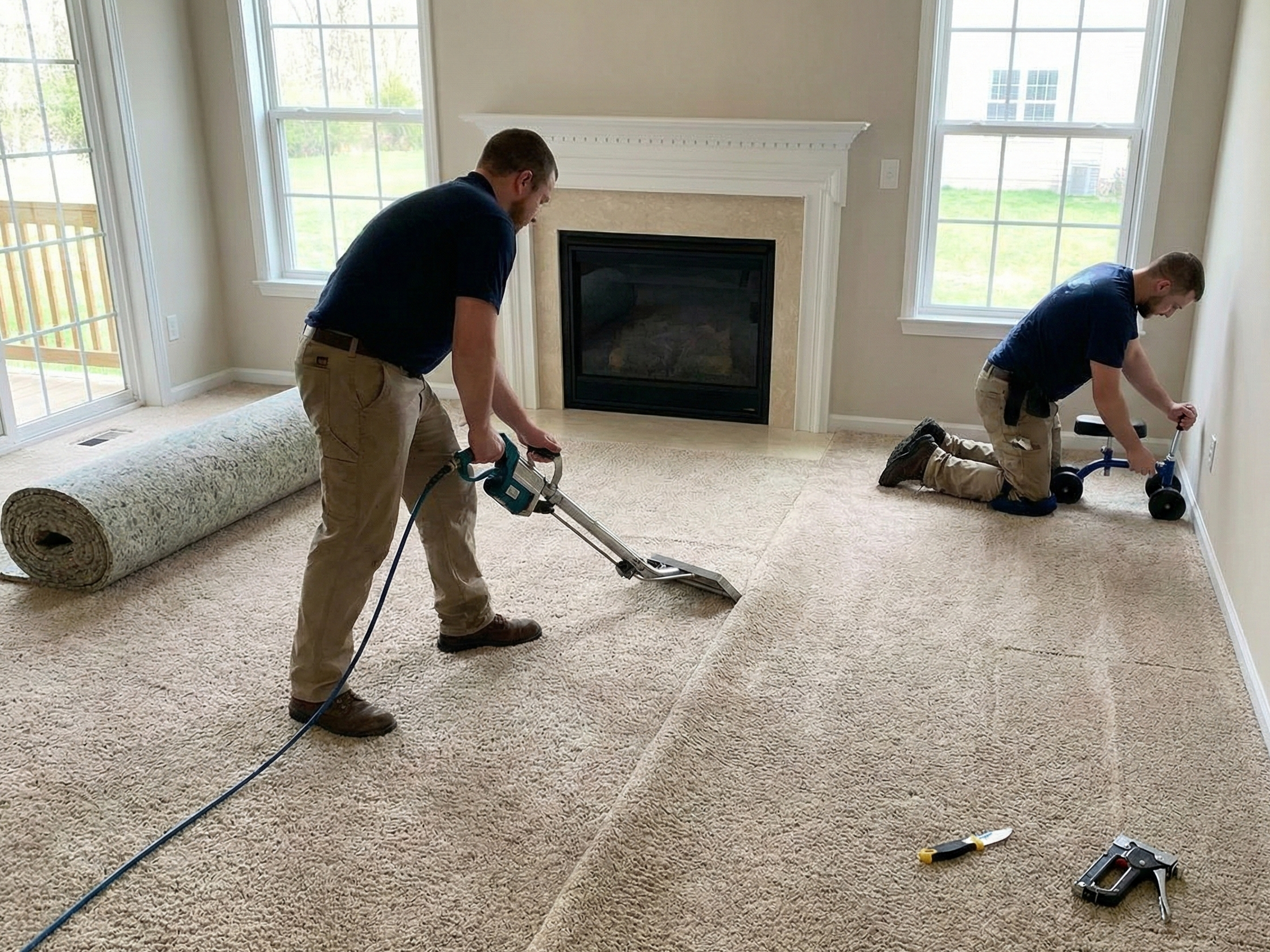 Installer stretching carpet flooring in a room.