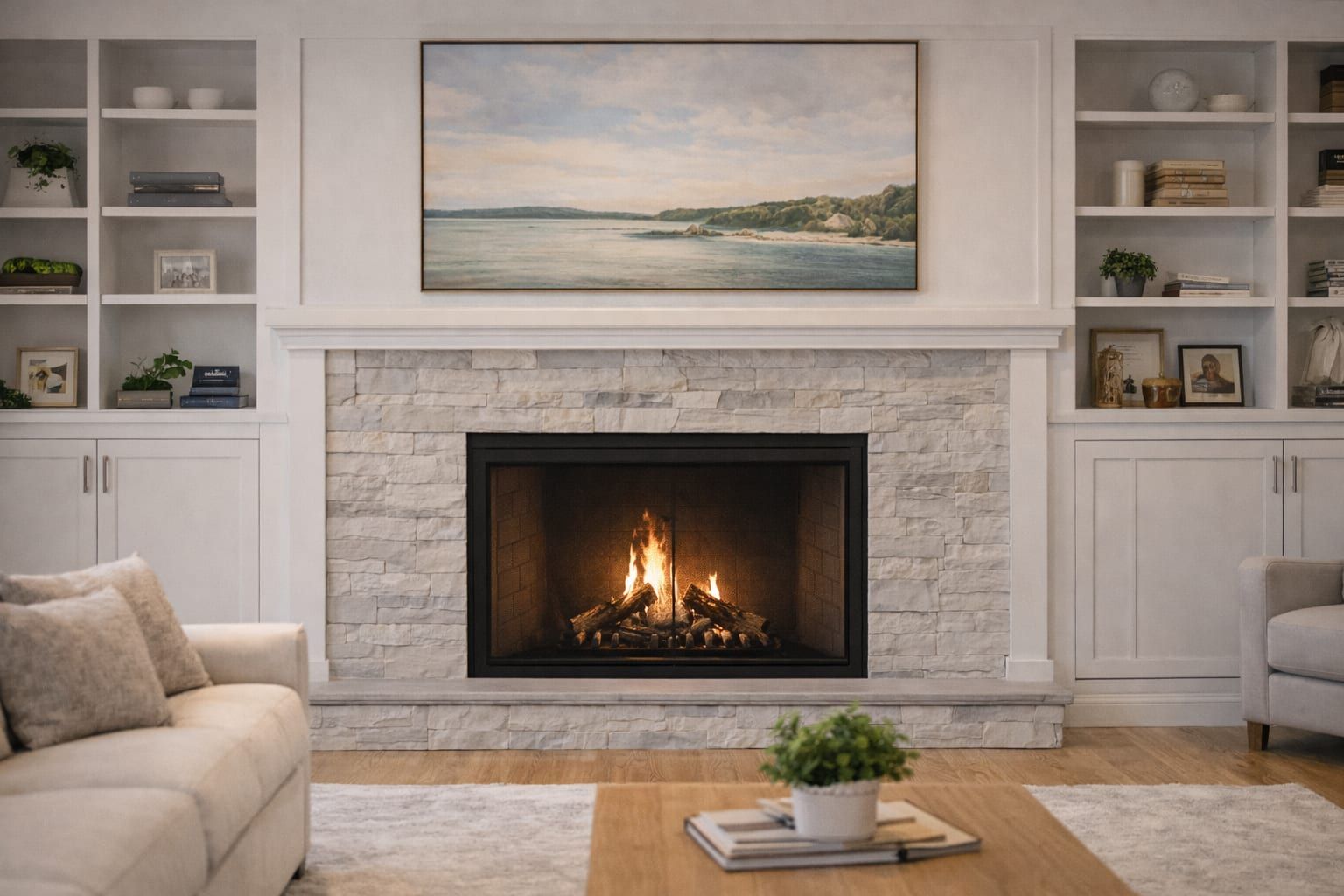Living room with a fireplace and warm seating.