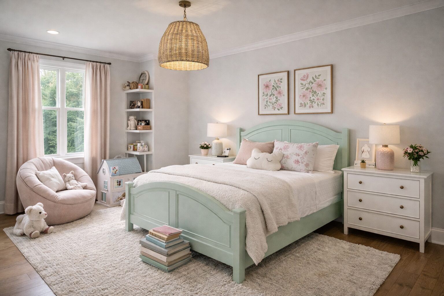 Pastel bedroom with soft finishes and natural light.