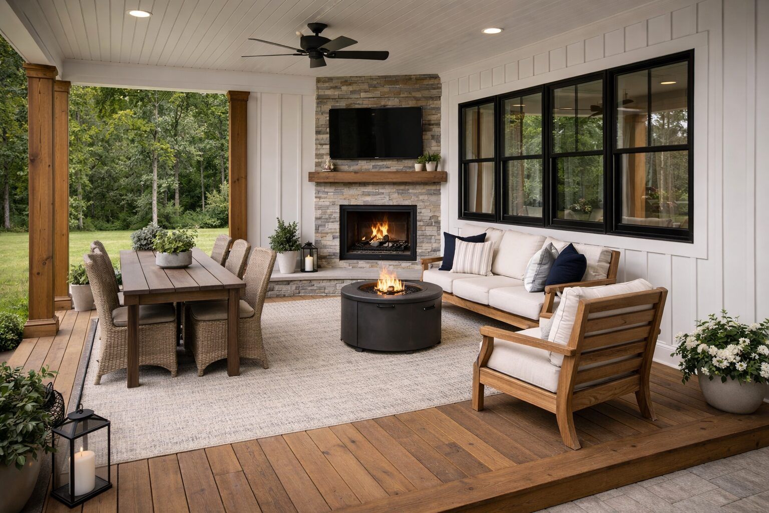 Covered porch with outdoor seating and warm finishes.