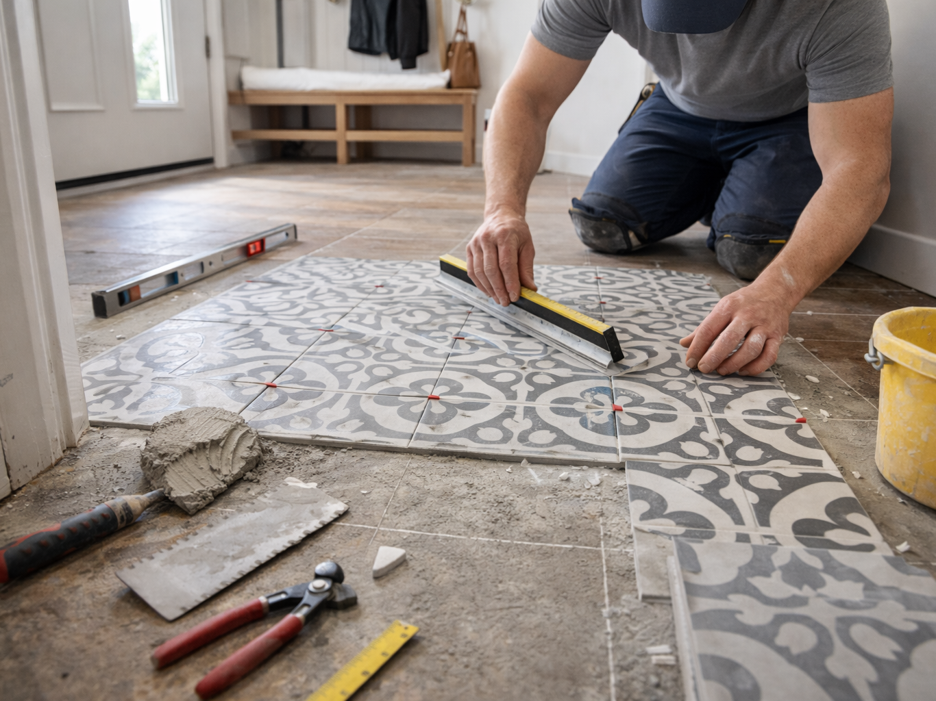Installer setting decorative cement tiles.