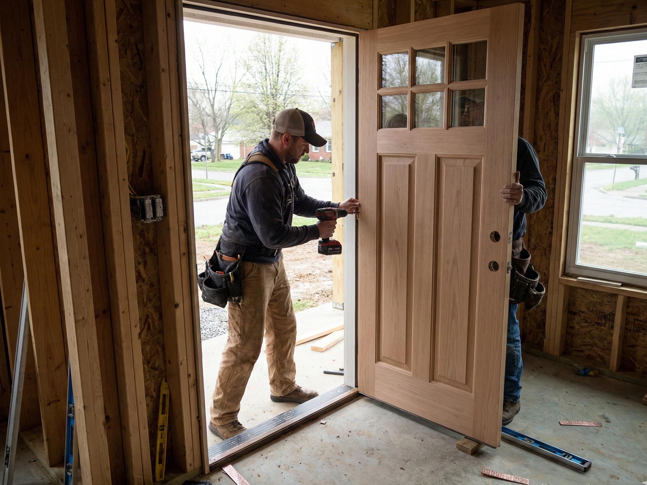 Installer setting a wooden exterior door in a framed opening.
