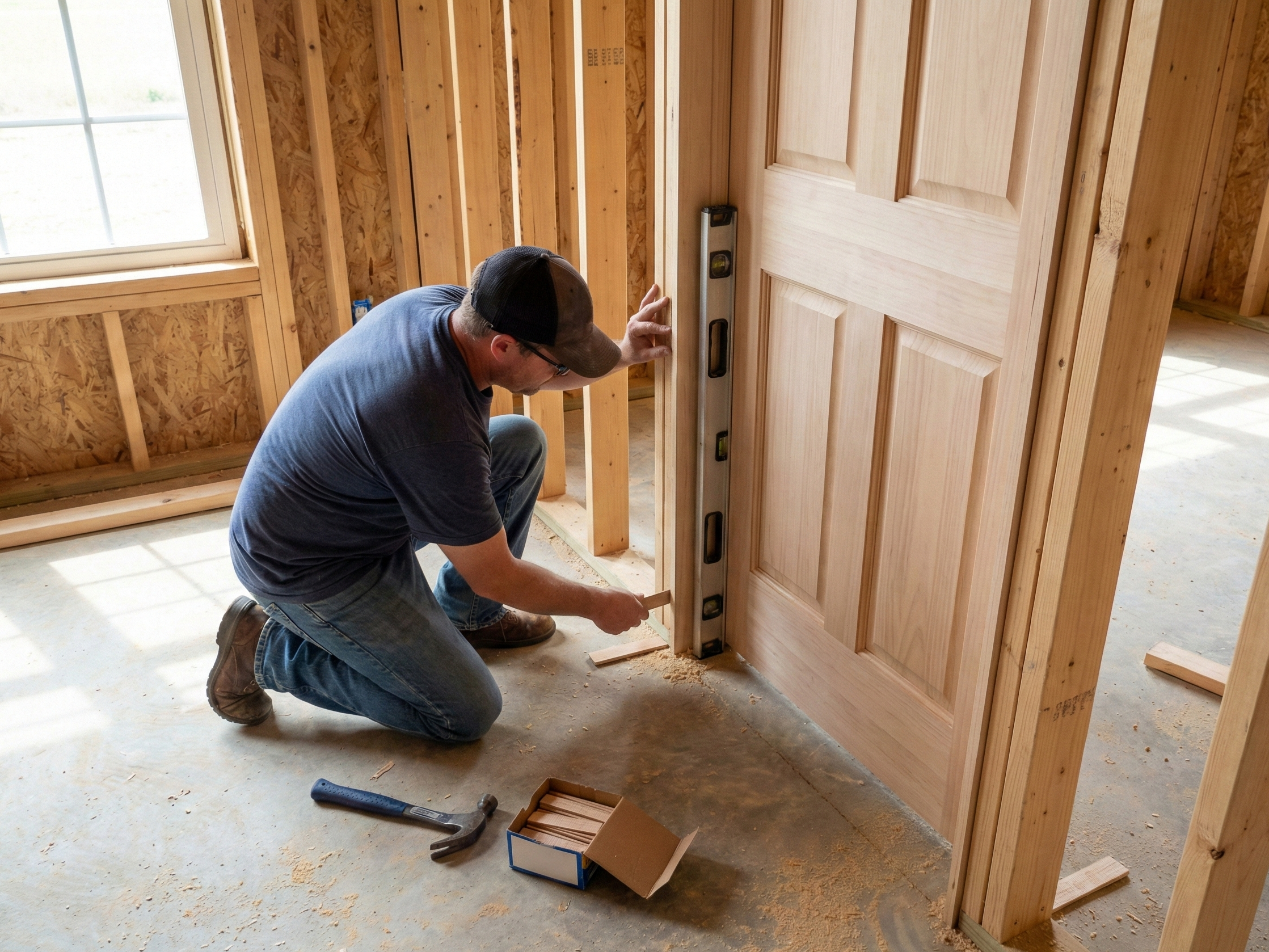 Carpenter leveling an interior wood door during installation.