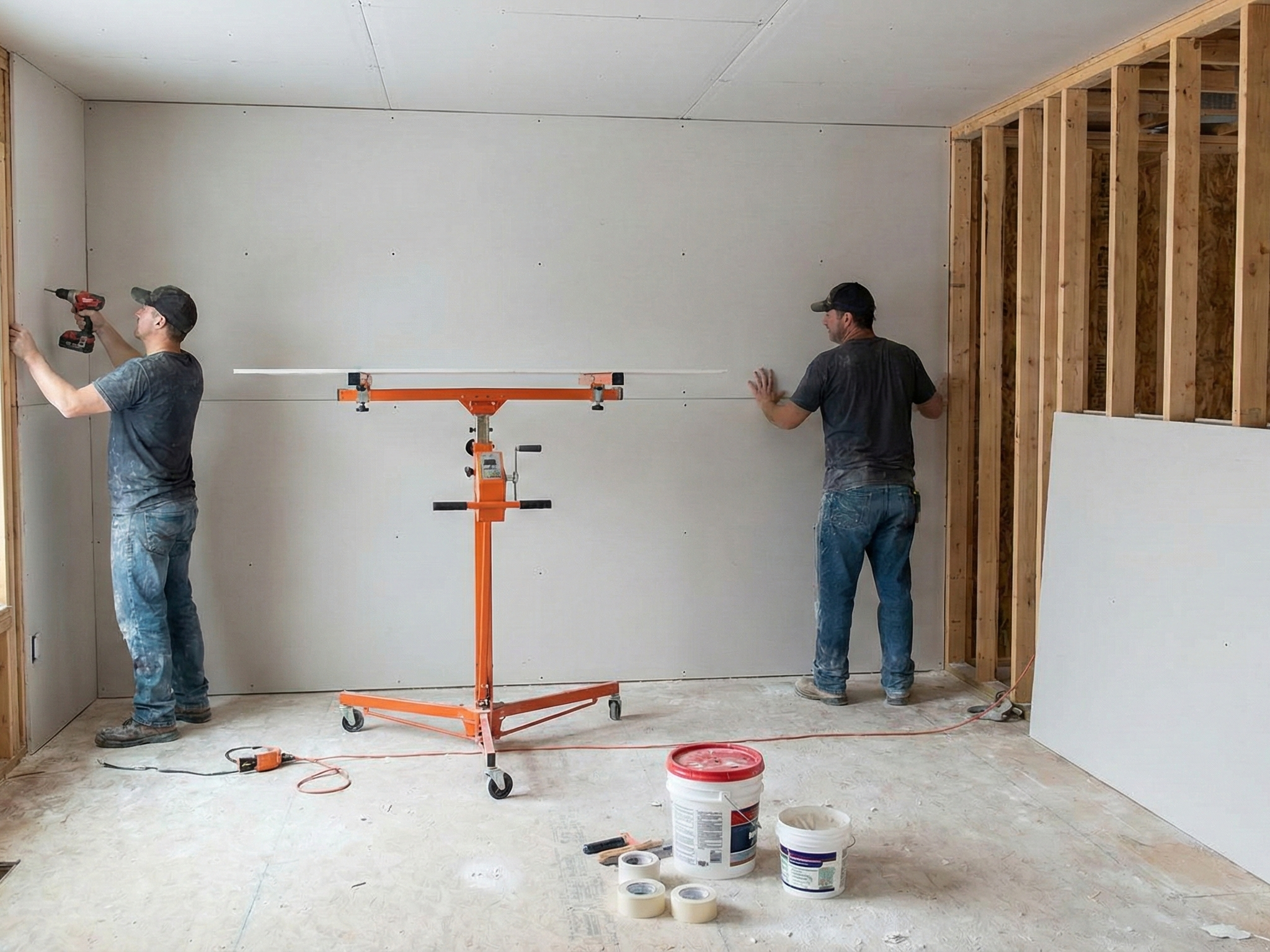 Drywall sheets being installed on framing.