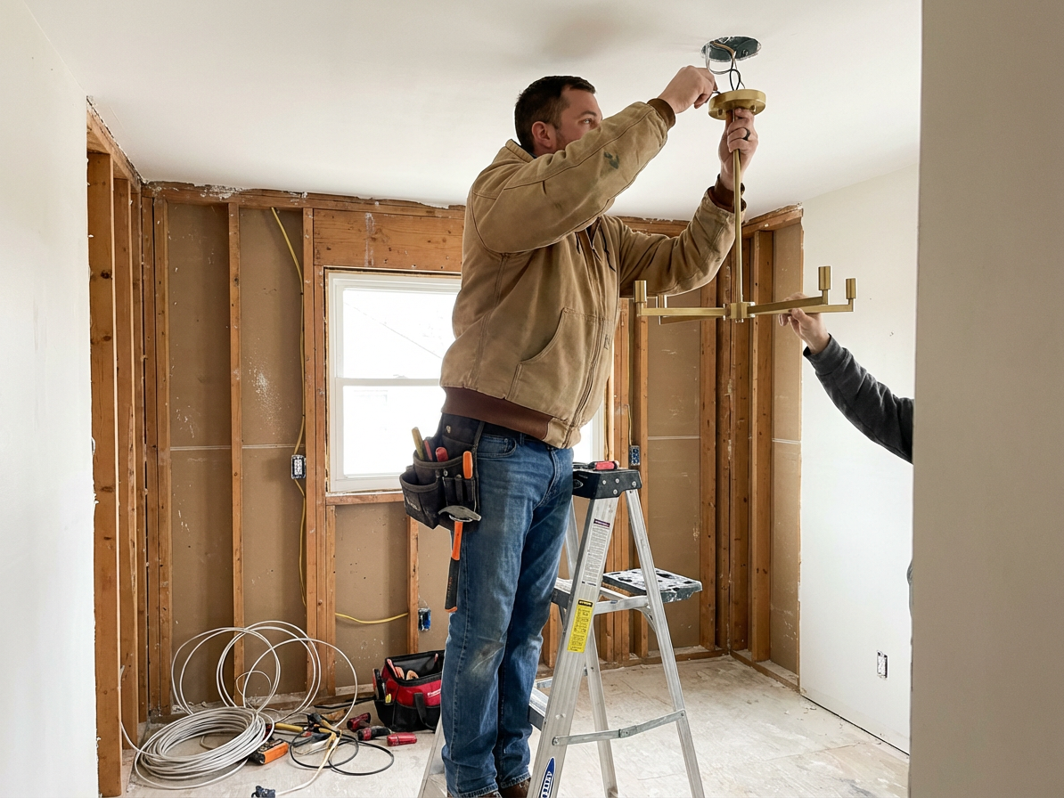 Electrician installing a ceiling light fixture.