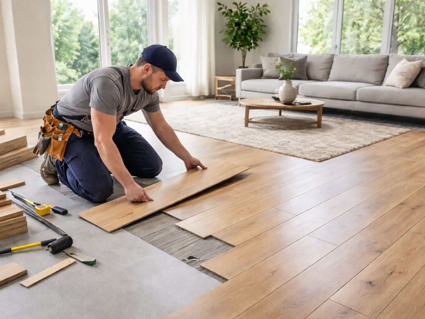 Hardwood flooring installation in progress.