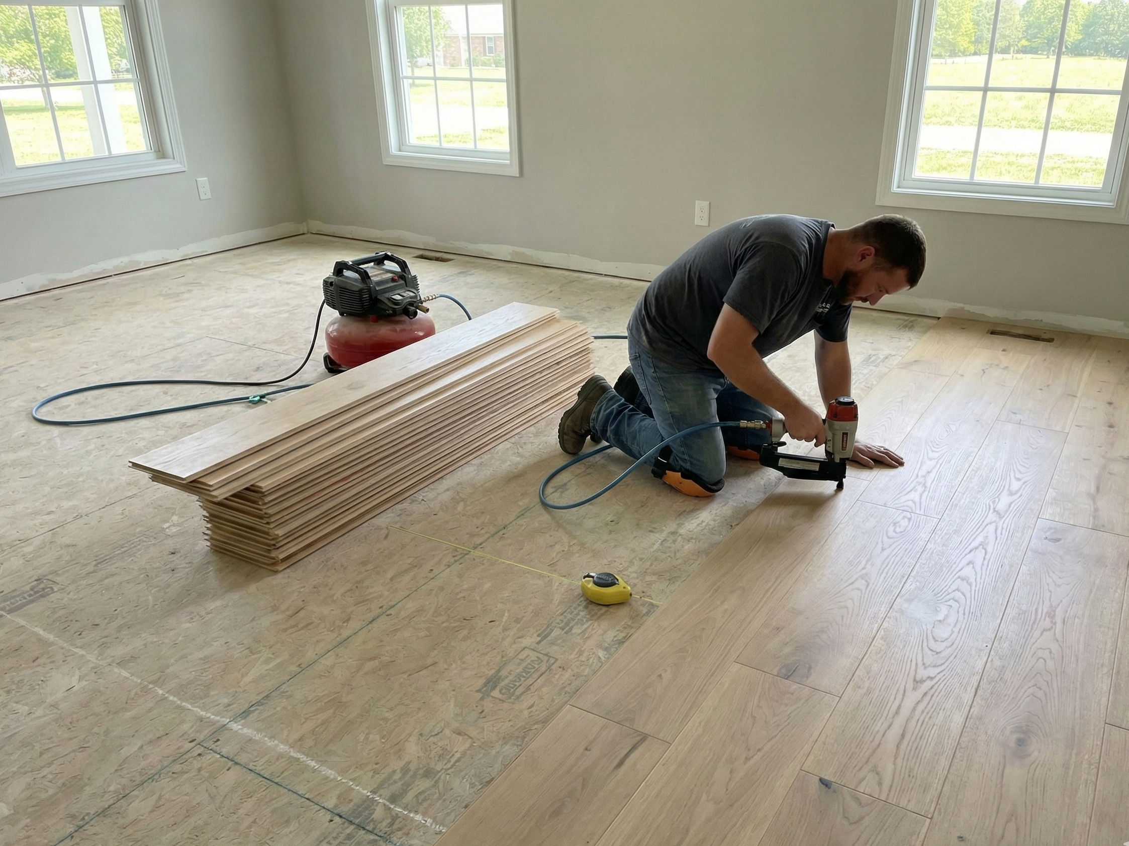 Wide plank hardwood flooring being installed.
