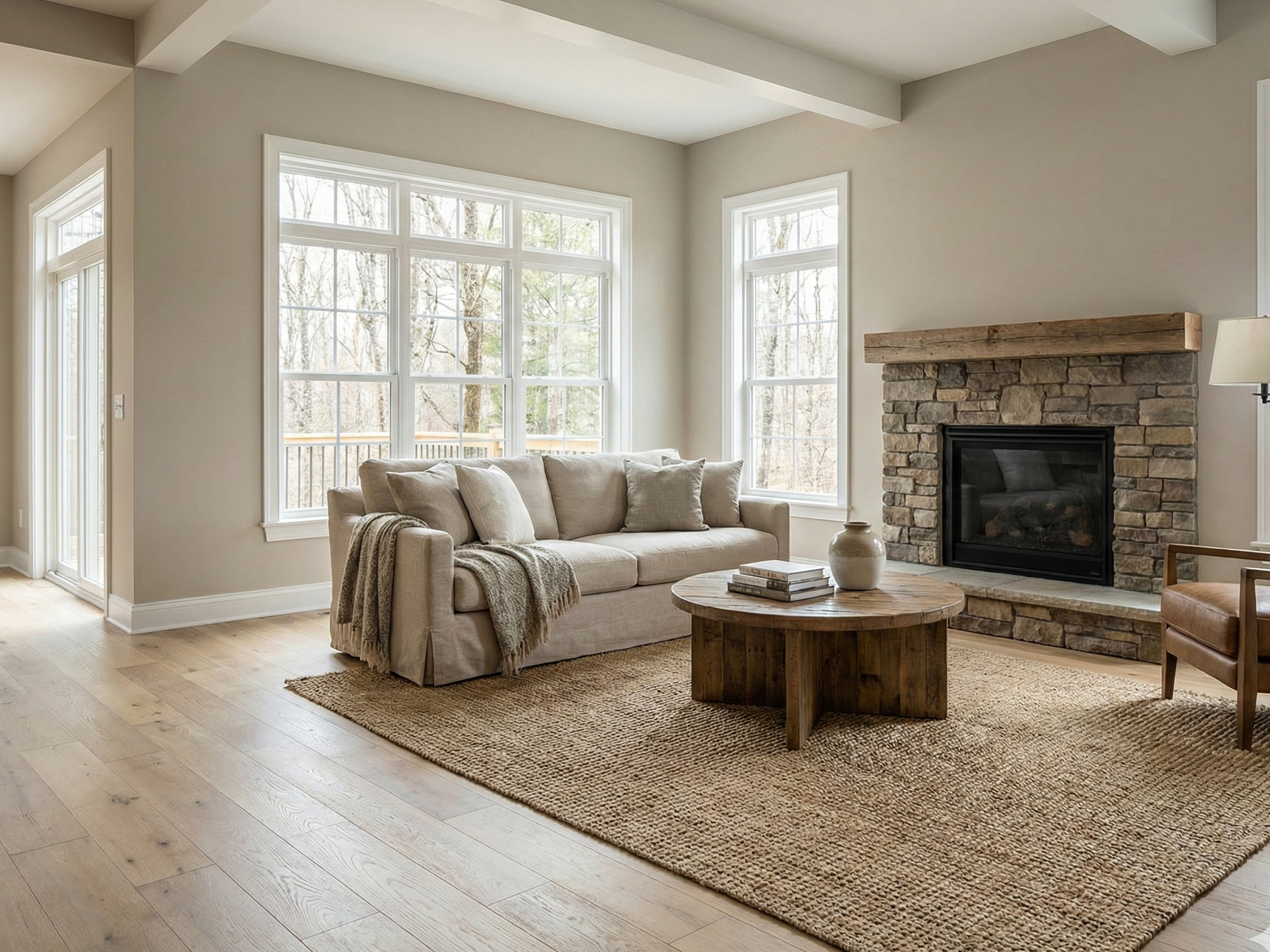 Living room with warm neutral finishes and hardwood floors.