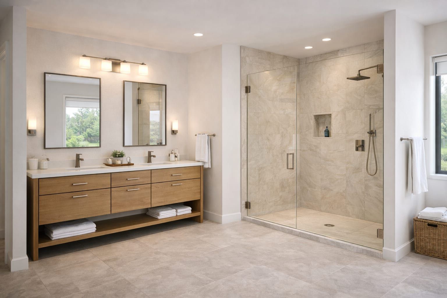 Modern bathroom with an oak vanity and clean lines.