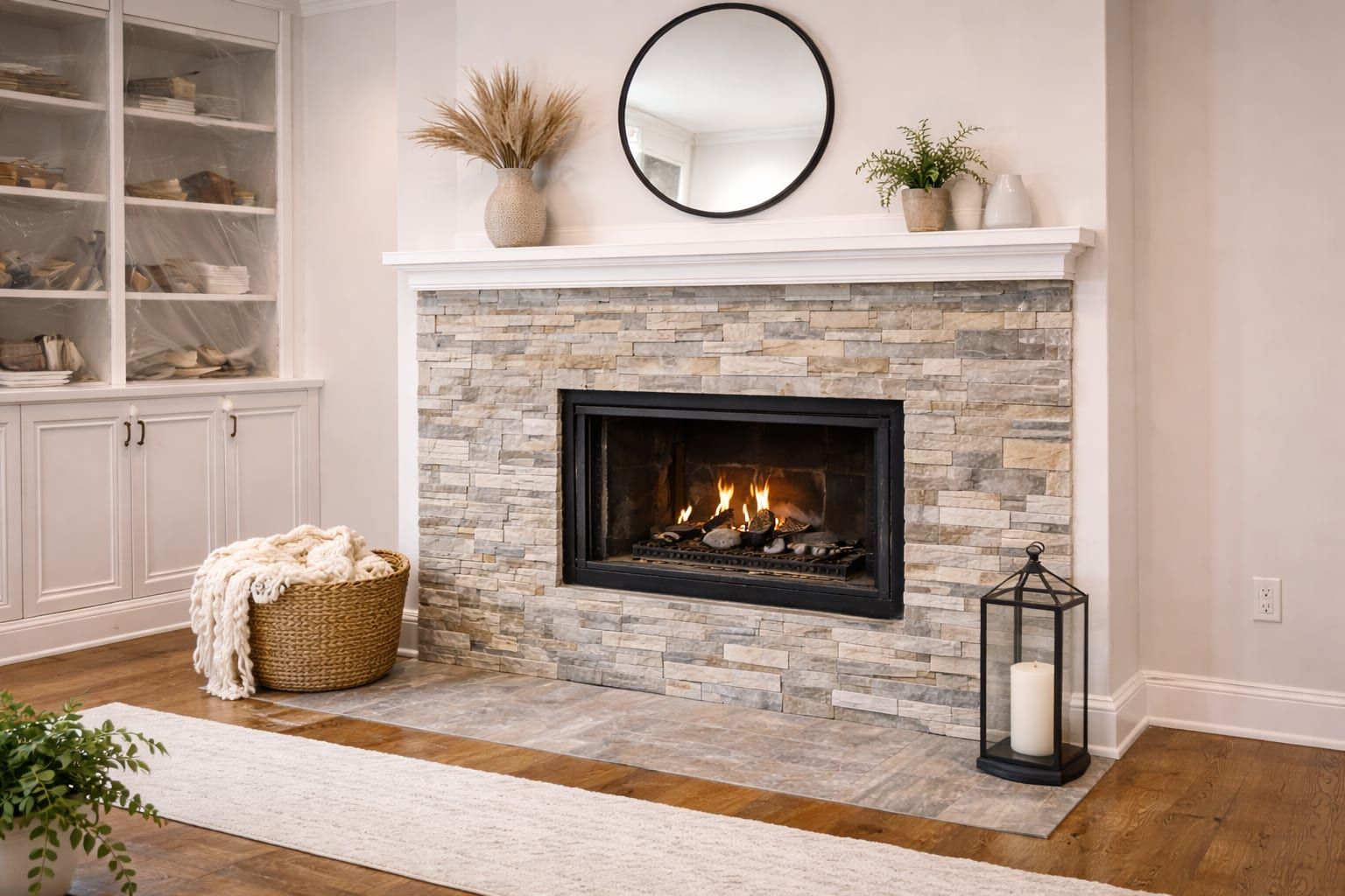Modern fireplace with decorative accents and clean lines.