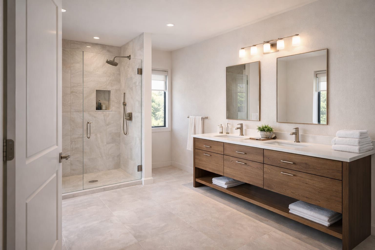 Bathroom with natural light and neutral finishes.