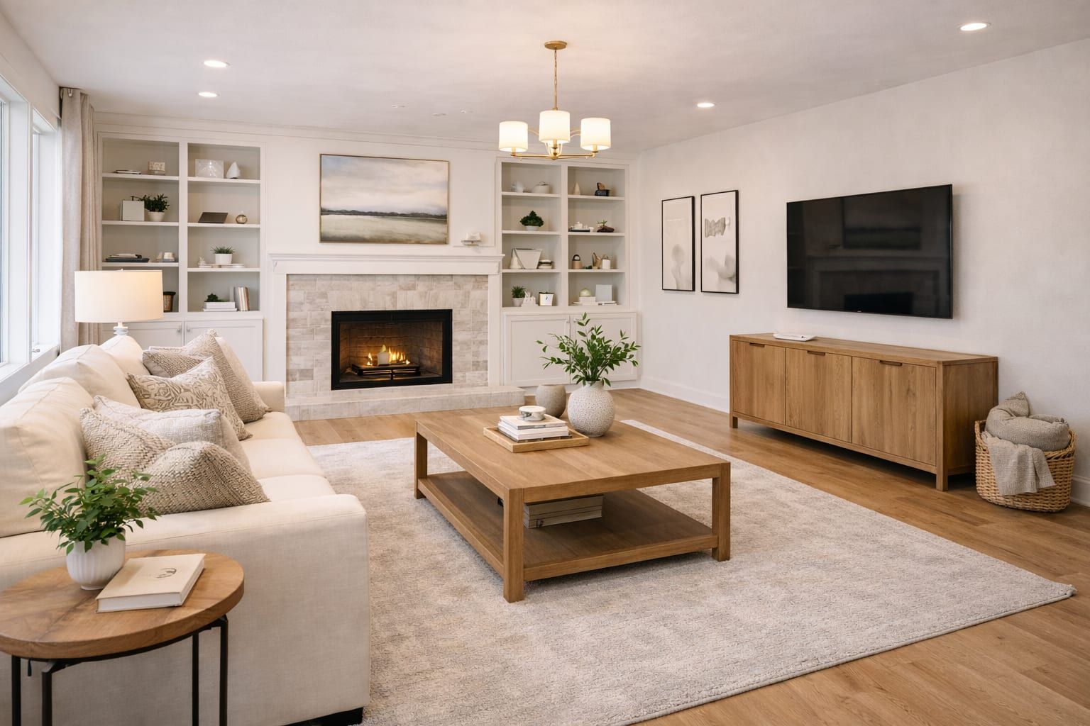 Modern living room with neutral tones and clean lines.