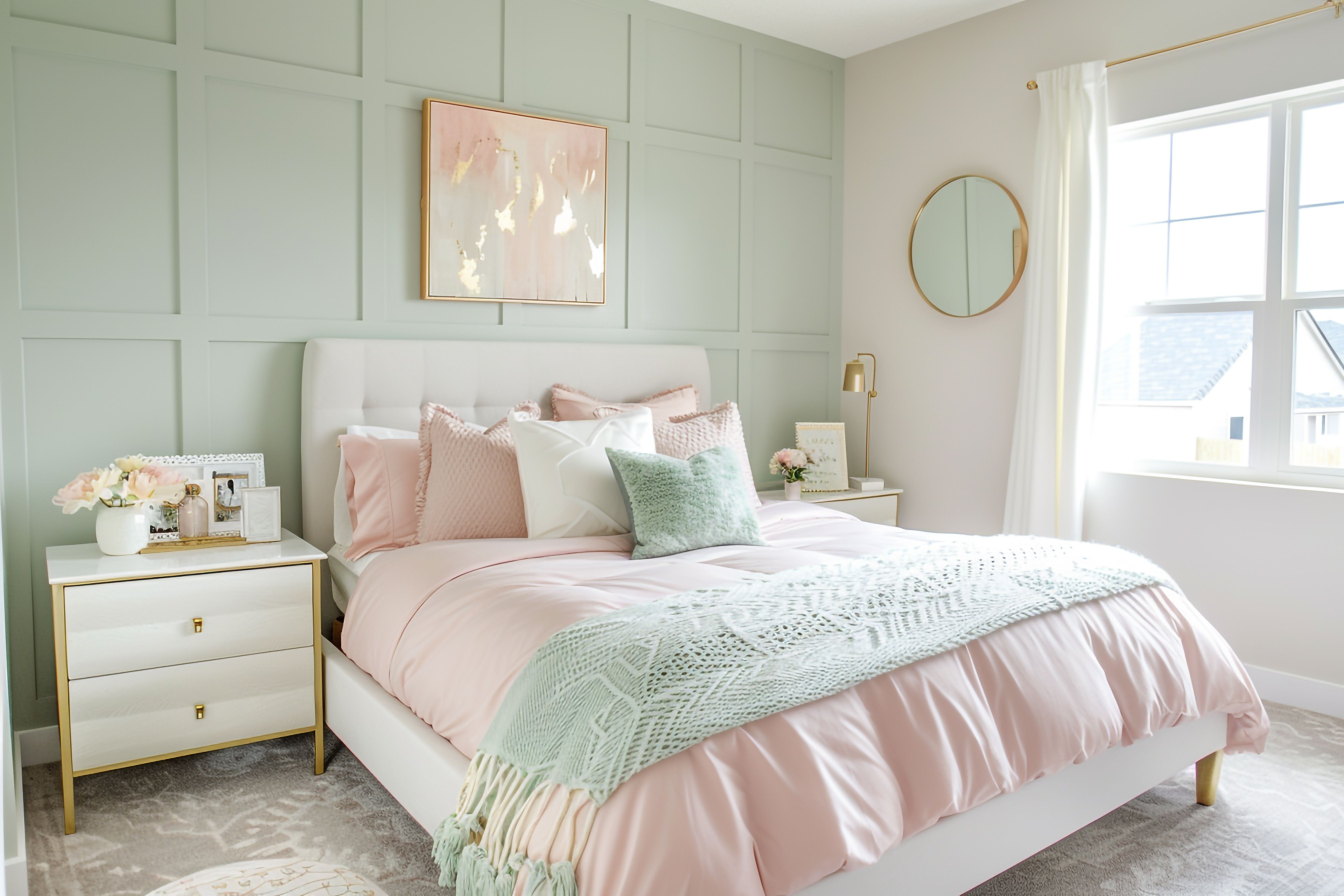 Pastel bedroom with refreshed finishes and soft tones.