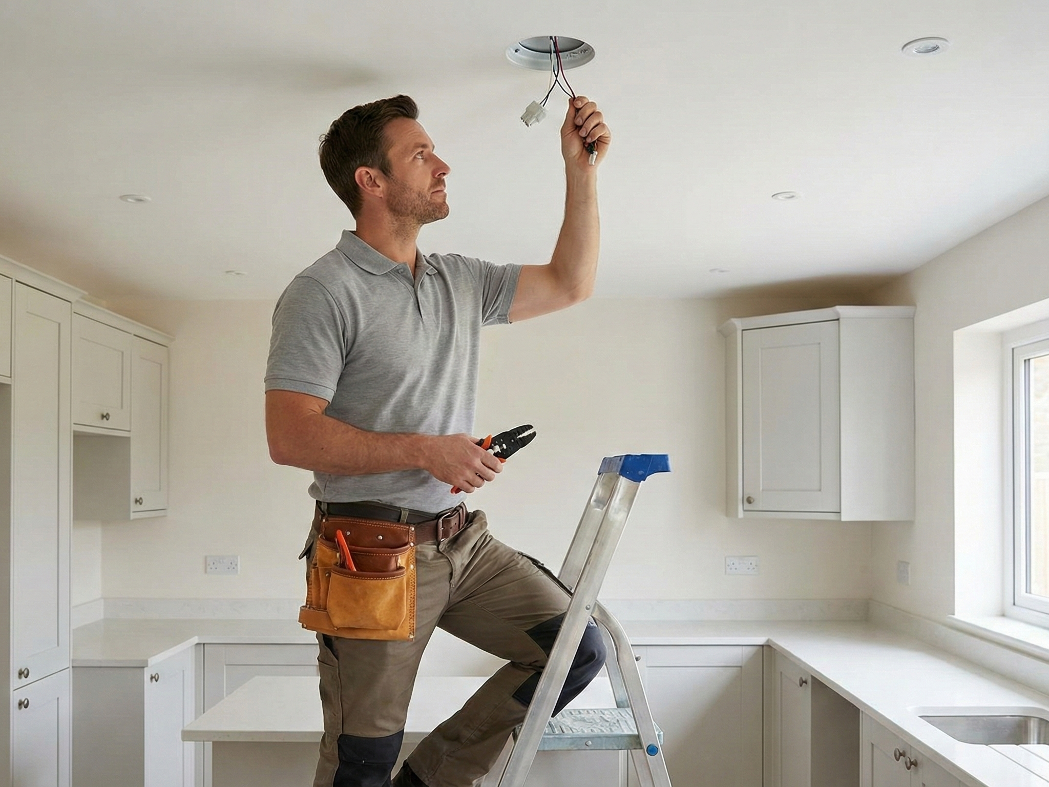 Installer wiring recessed lights in a kitchen ceiling.