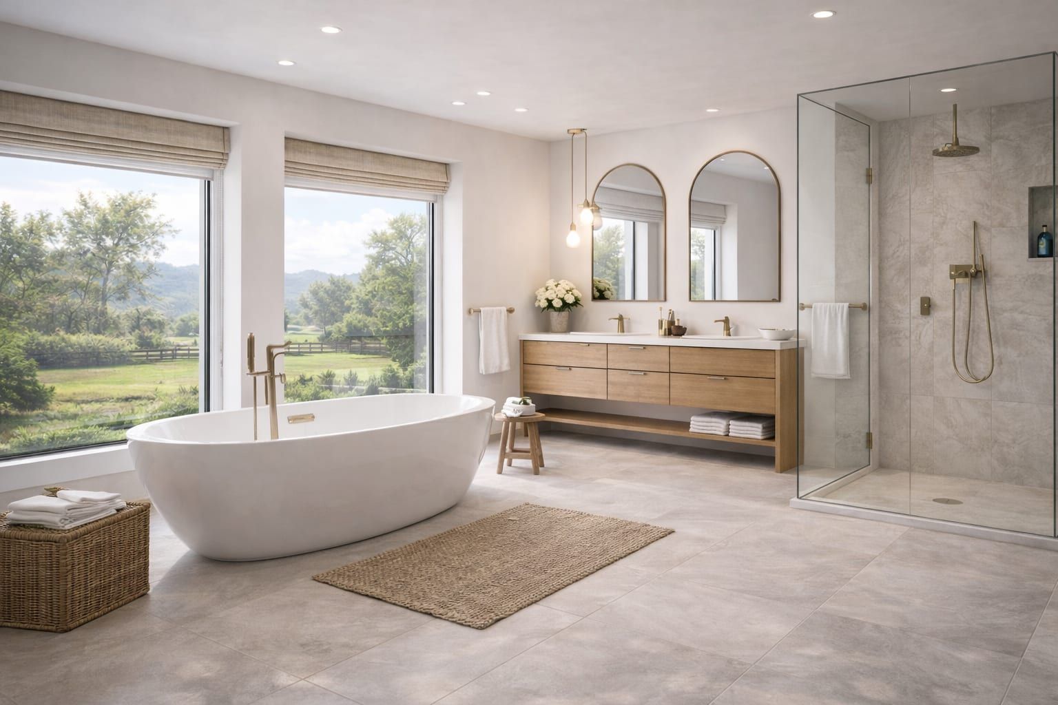 Bathroom with a scenic hillside view and clean finishes.