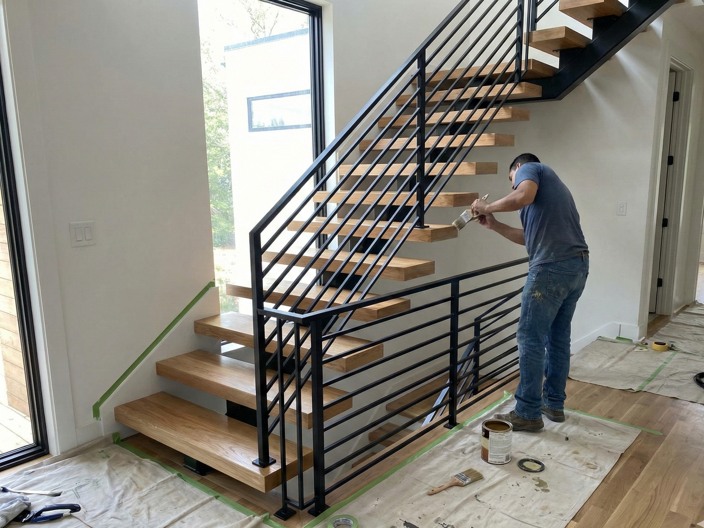 Floating staircase with a black metal railing.