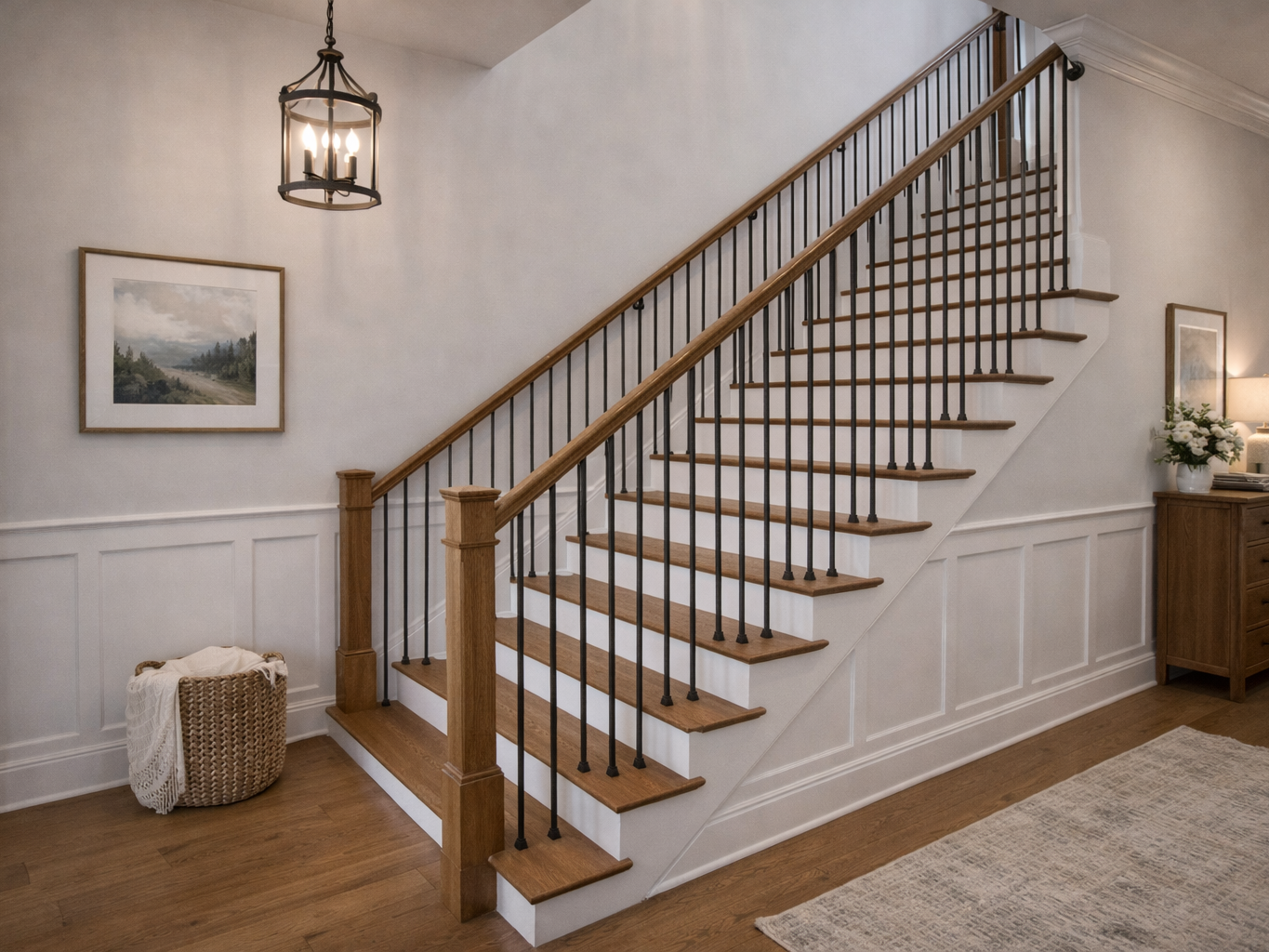 Staircase with natural wood detailing.