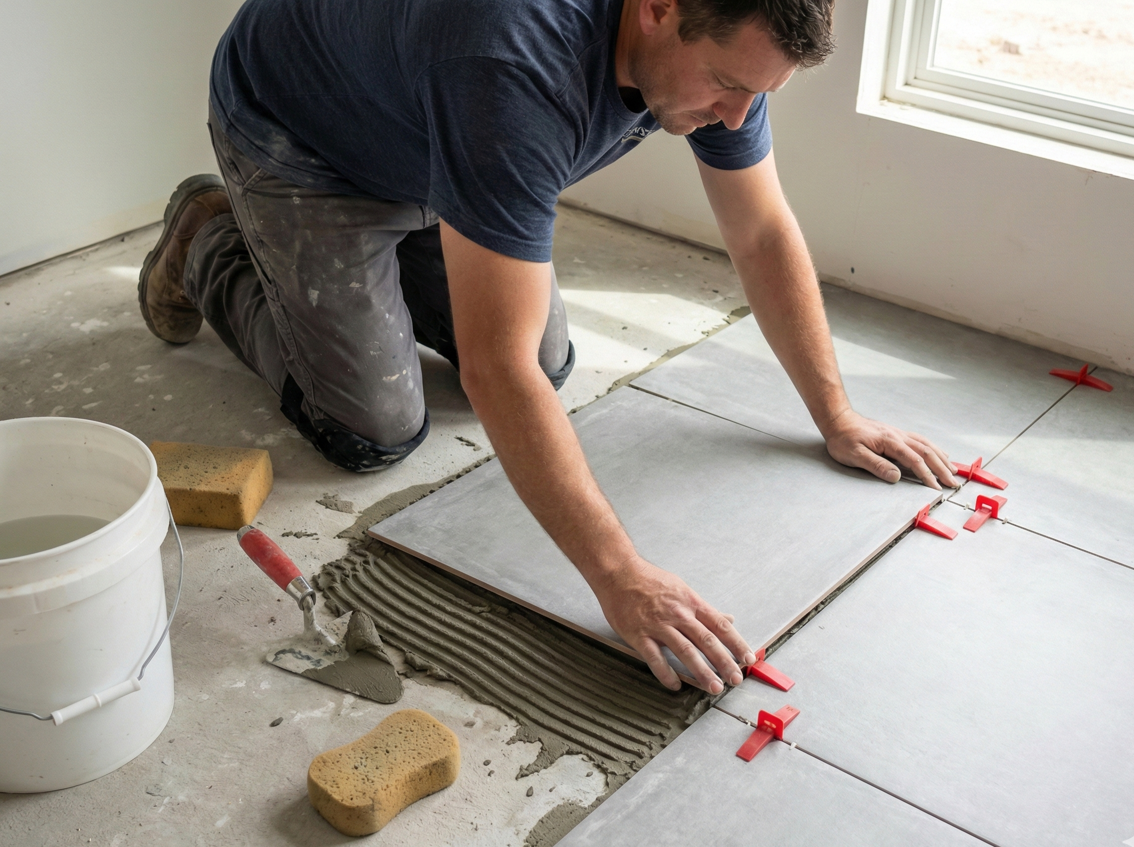Installer setting tile flooring.