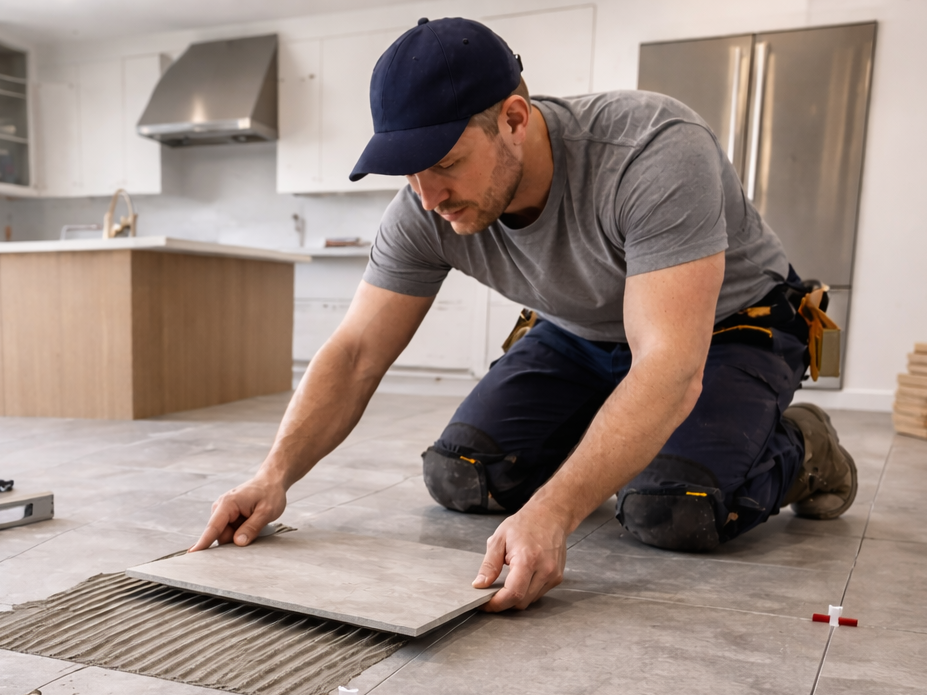 Tile installation in progress with spacing clips.