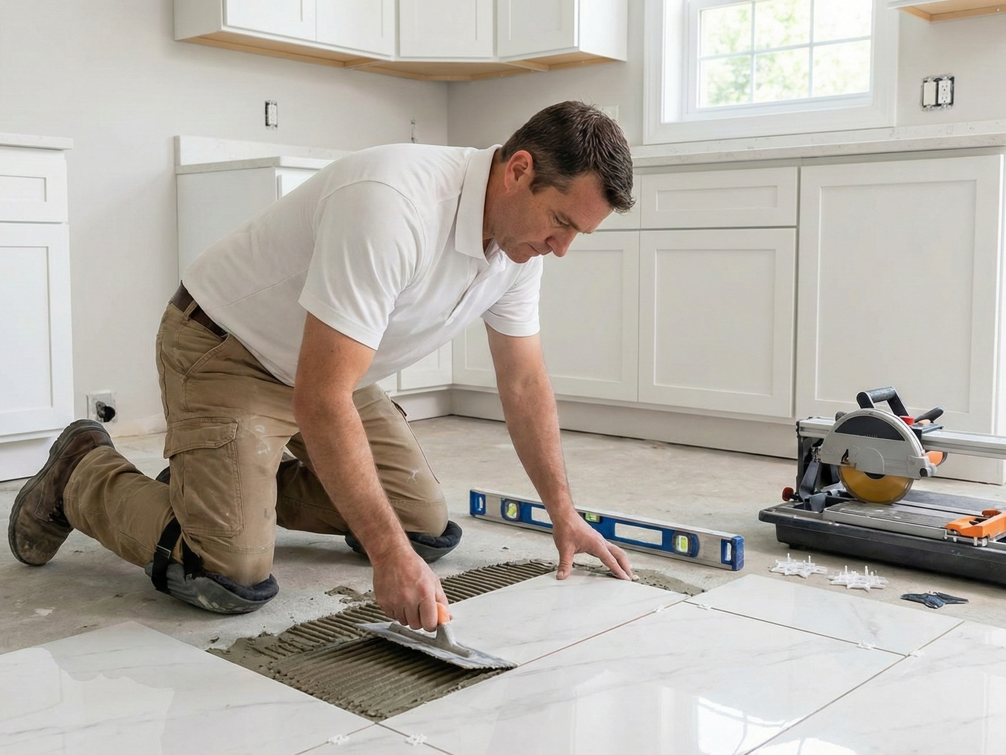 Installer laying large-format porcelain tiles in a kitchen.