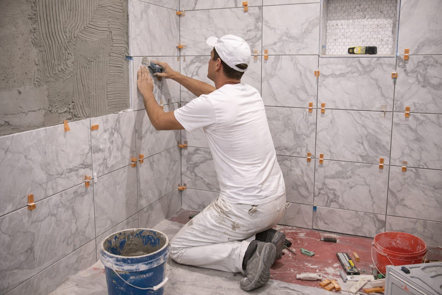 Tiling a walk-in shower during a renovation.