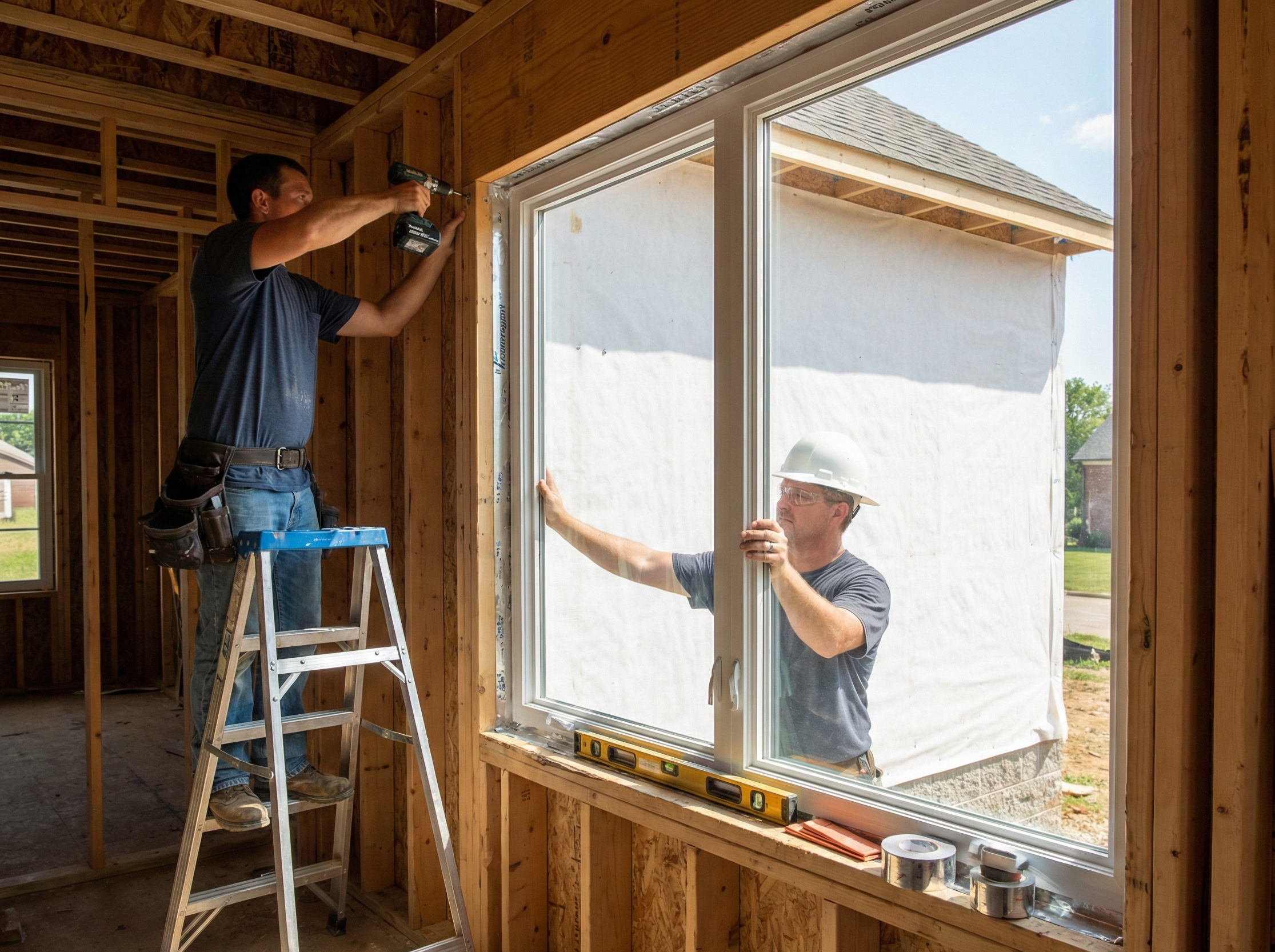 Crew installing a large vinyl window.