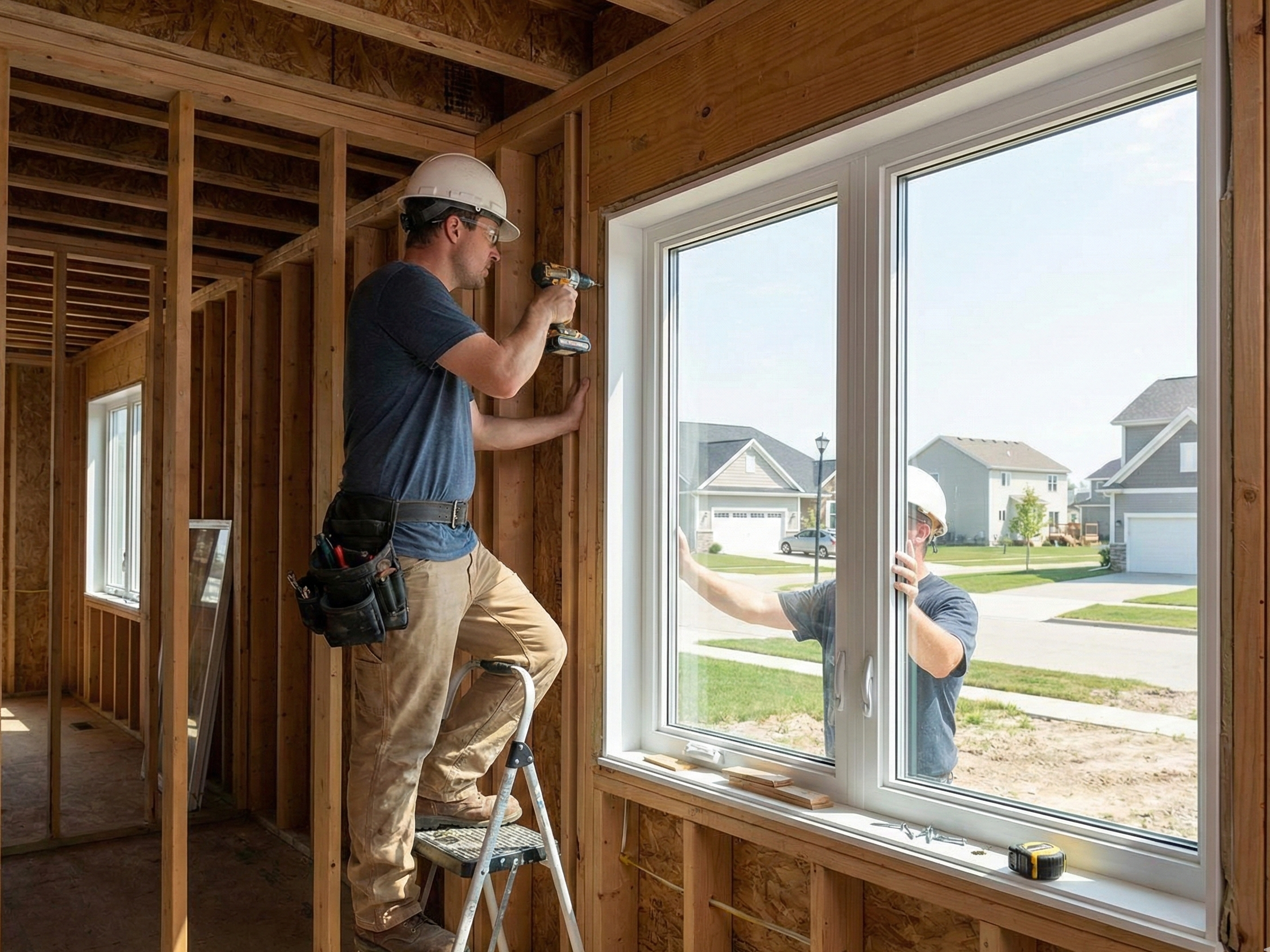 Installer placing a vinyl window in a framed opening.